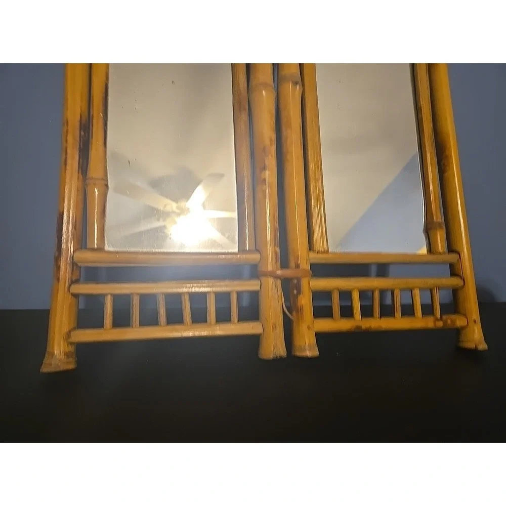 VTG Bamboo Rattan Tabletop Vanity Mirror Folding 2 Sides Jewelry Holder Boho